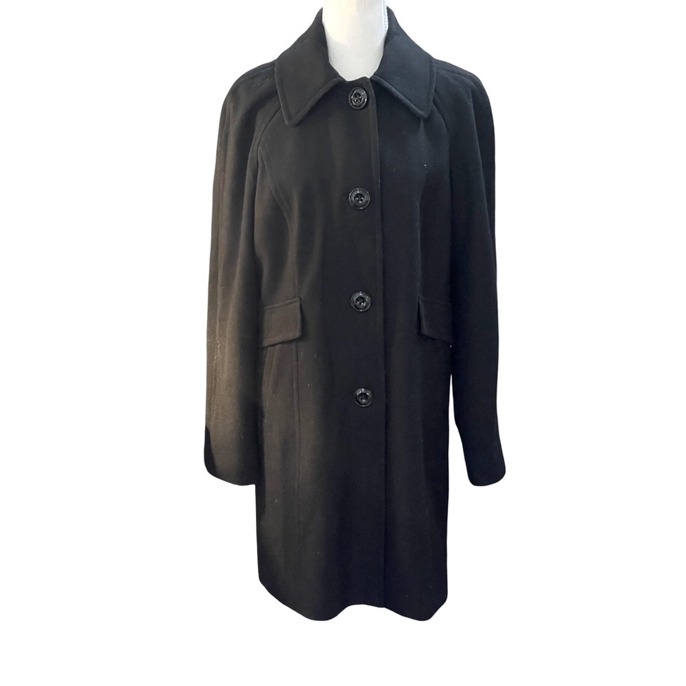 LONDON FOG Black Wool Collared Coat button down size medium slant front pockets - Picture 2 of 13